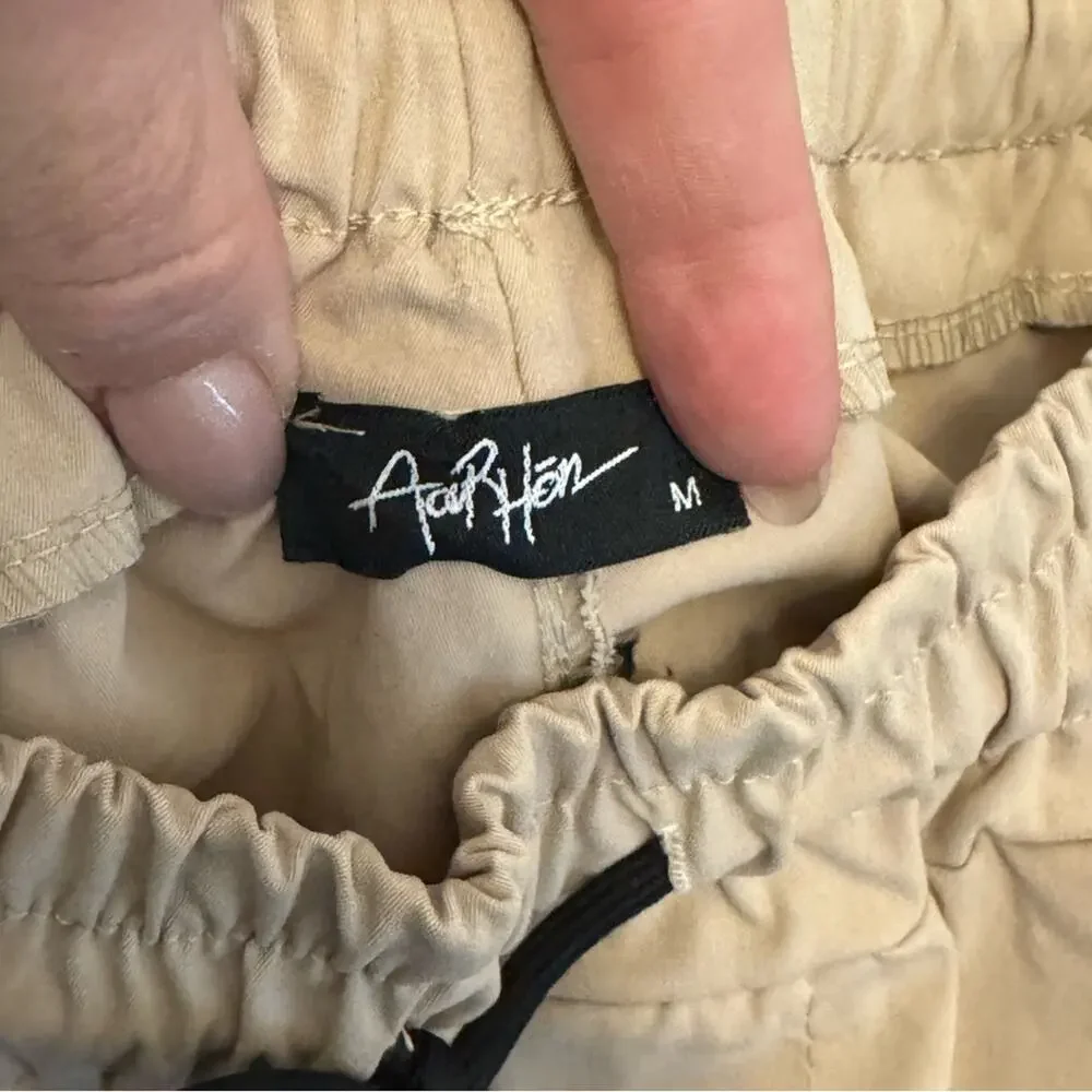 Tan Cargo Pants with Elastic Cuffs and Drawstring Waist